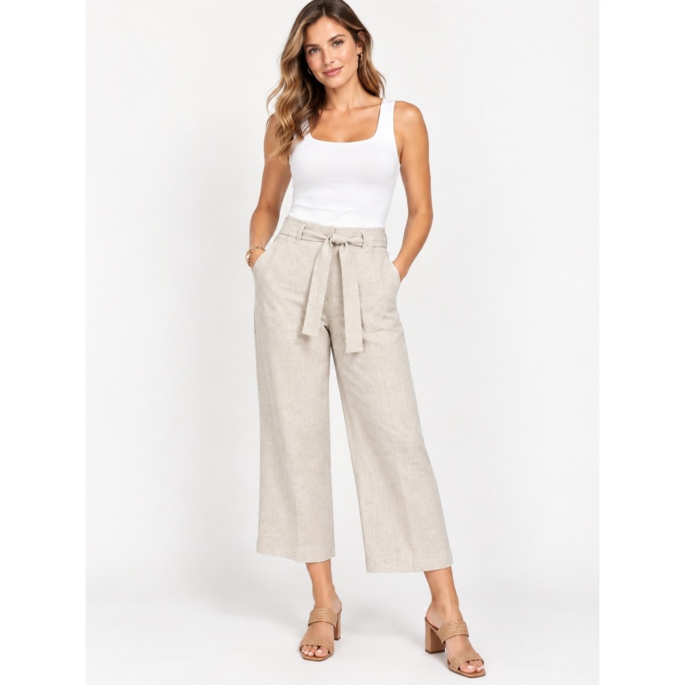 Talbots 100% Pure Irish Linen Wide Leg Cropped Pants 4P Natural Beige Tie Waist